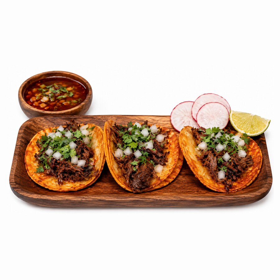 Three birria tacos with consomme, radish and lime on a wooden board