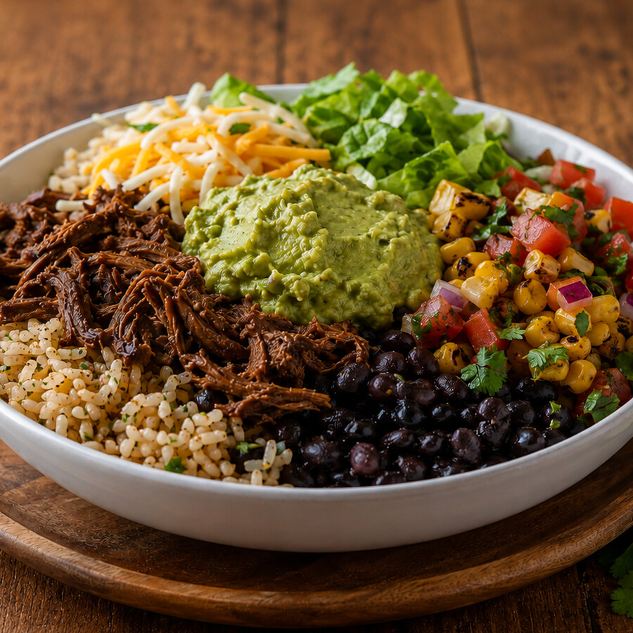 A burrito bowl with shredded beef, rice, black beans, guacamole, cheese and corn salsa